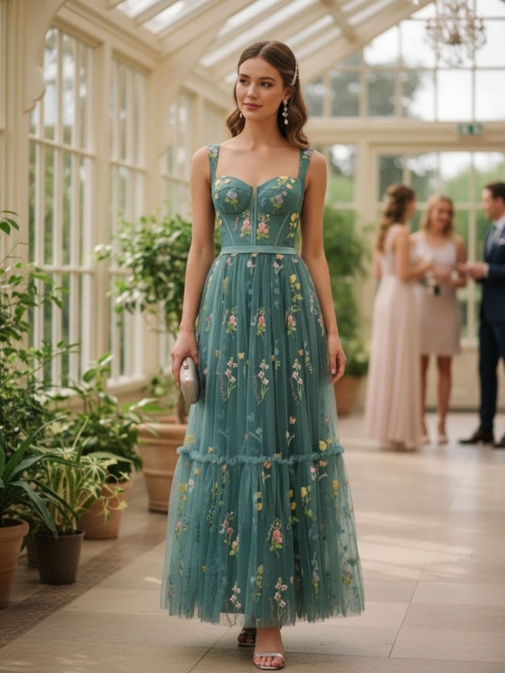 Embroidered Teal Floral Maxi Dress - Picture 3 of 3